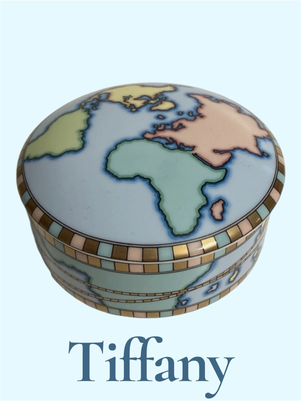 TIFFANY Trinket Box World Map Container-w/ Lid -Pastel Blue, Pink, Green, Yellow
